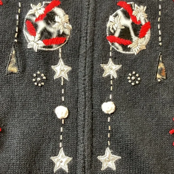 Victoria Jones Black Embroidered Christmas Holiday Cardigan Leopard Print Medium - Picture 10 of 15